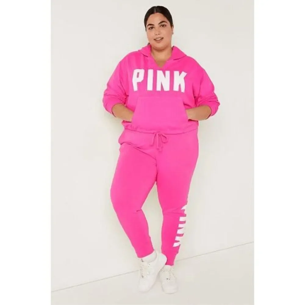 PINK Victorias Secret Cinched‎ Crop Hoodie & Sweatpants Atomic Pink Set L/XL - Picture 11 of 11